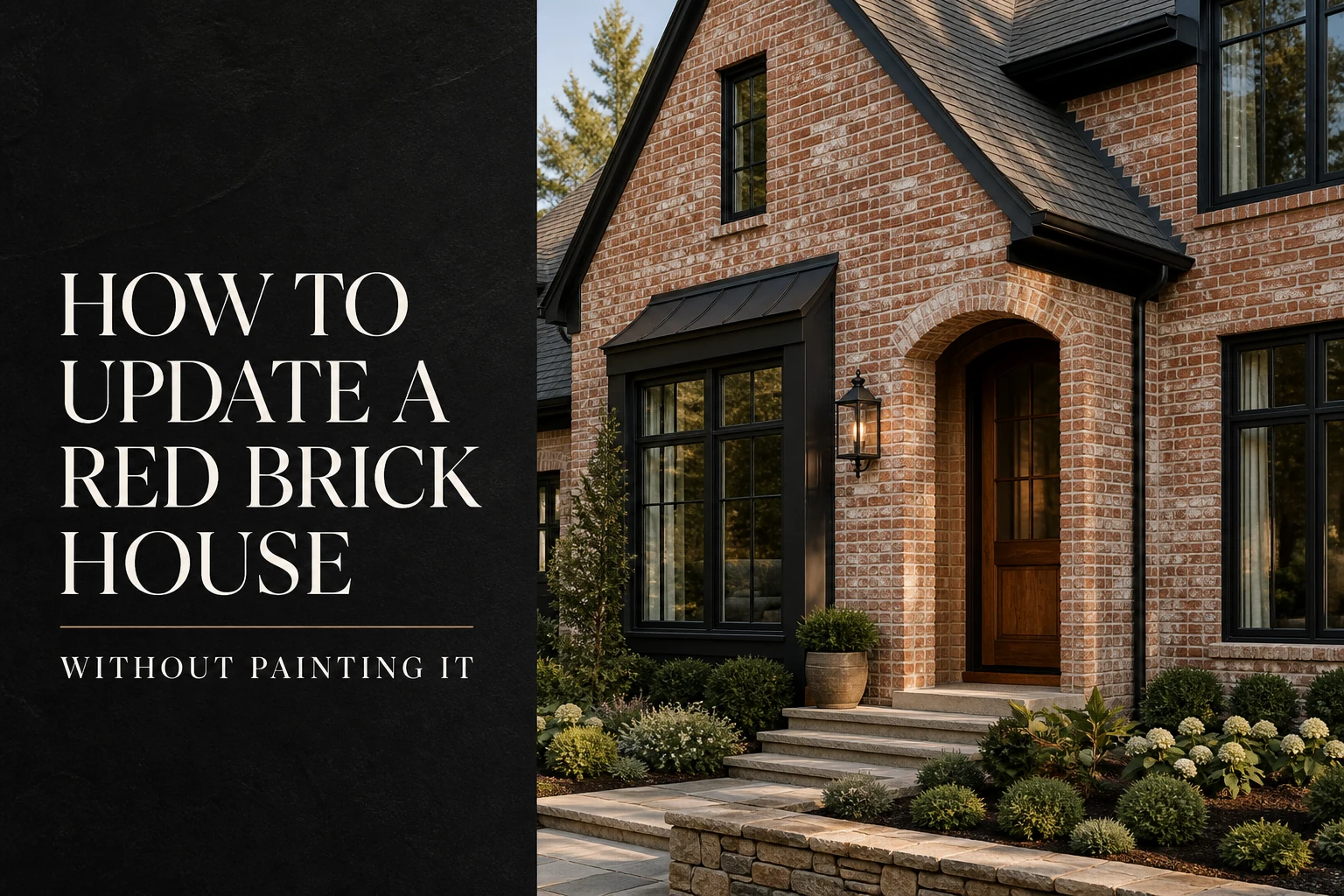 Editorial cover of a refined red brick home updated with dark trim, warm wood, landscaping, and light mortar character