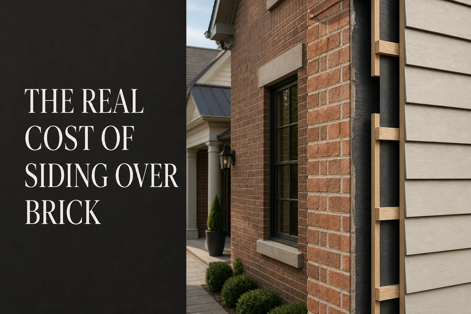 Brick wall beside separated attachment, drainage, and siding layers with the title The Real Cost of Siding Over Brick