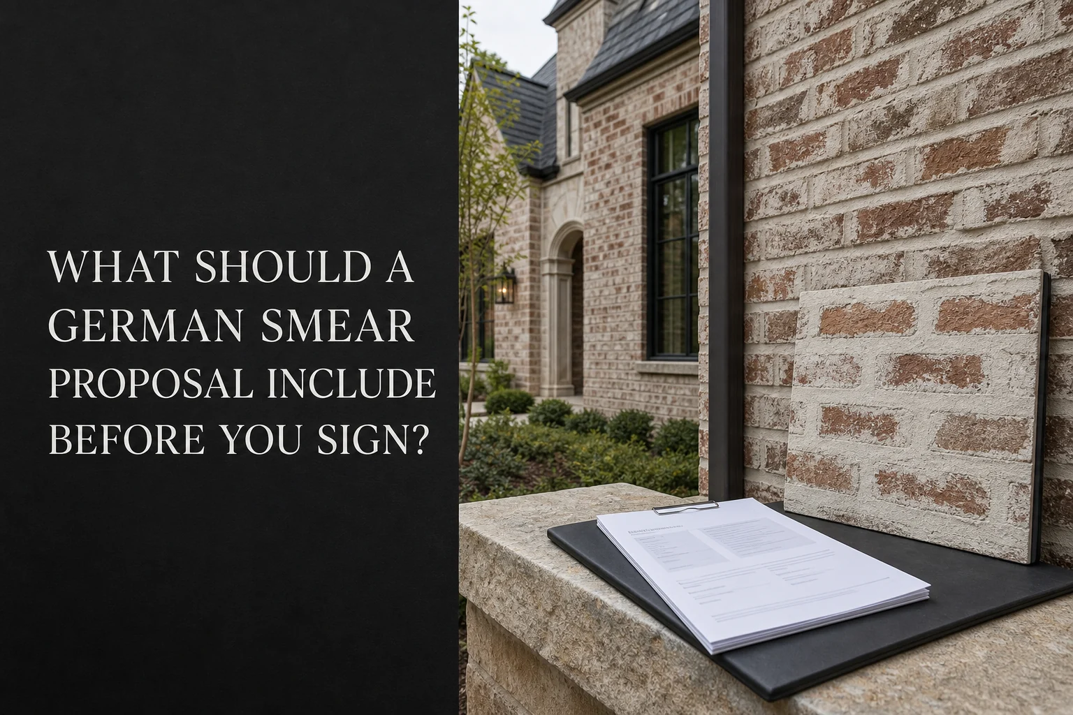 German Smear proposal and finish sample presented beside a completed masonry elevation